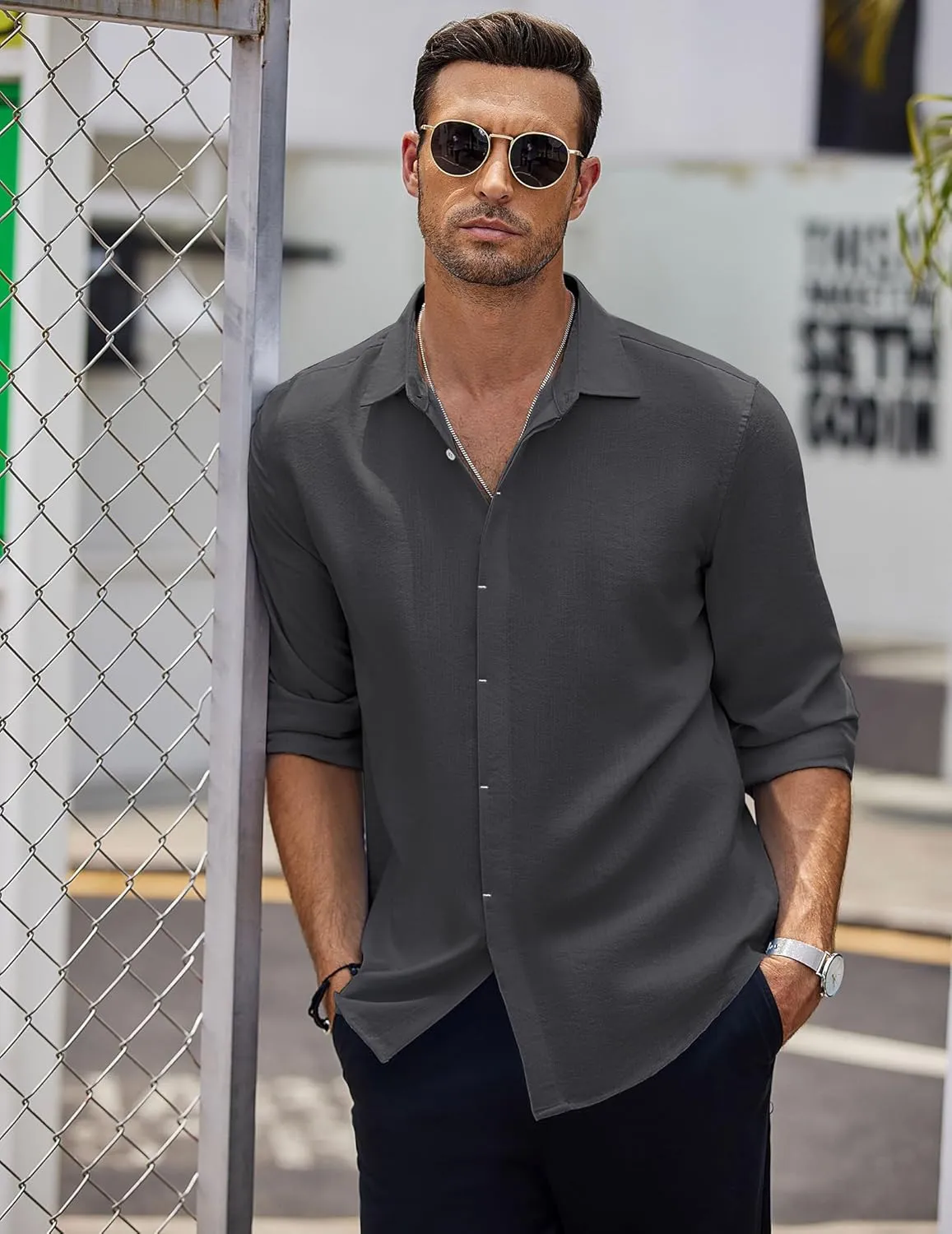COOFANDY Men's Casual Shirt Long Sleeve Casual Button Down Shirt for Men Summer Beach Wedding Shirt