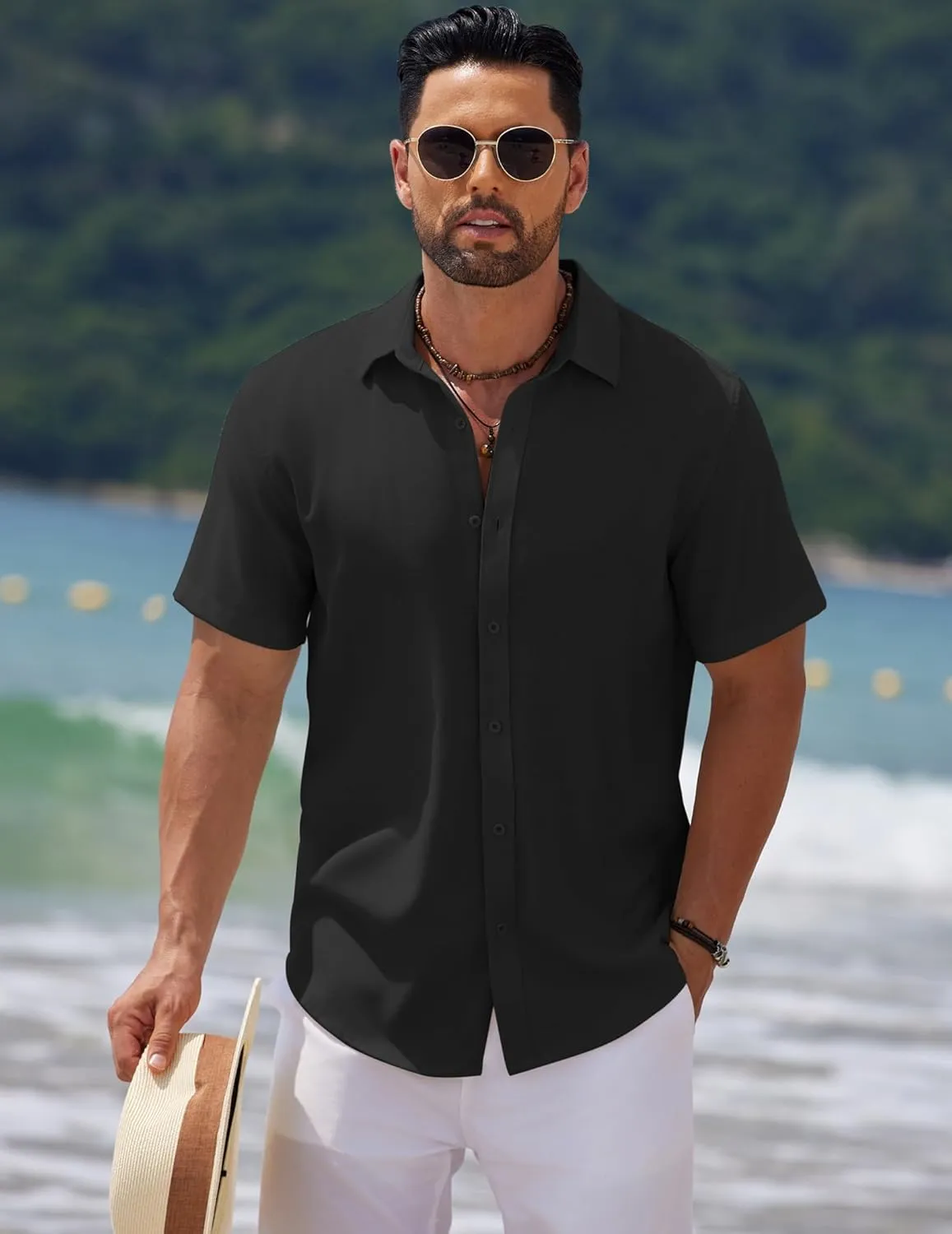 COOFANDY Mens Casual Summer Beach Shirt Short Sleeve Button Down Shirt Vacation Wedding Shirt Linen Textured Shirts