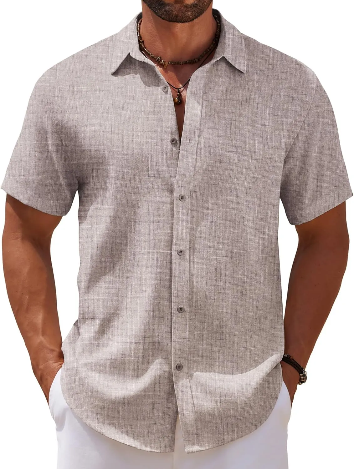COOFANDY Mens Casual Summer Beach Shirt Short Sleeve Button Down Shirt Vacation Wedding Shirt Linen Textured Shirts