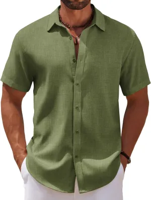 COOFANDY Mens Casual Summer Beach Shirt Short Sleeve Button Down Shirt Vacation Wedding Shirt Linen Textured Shirts