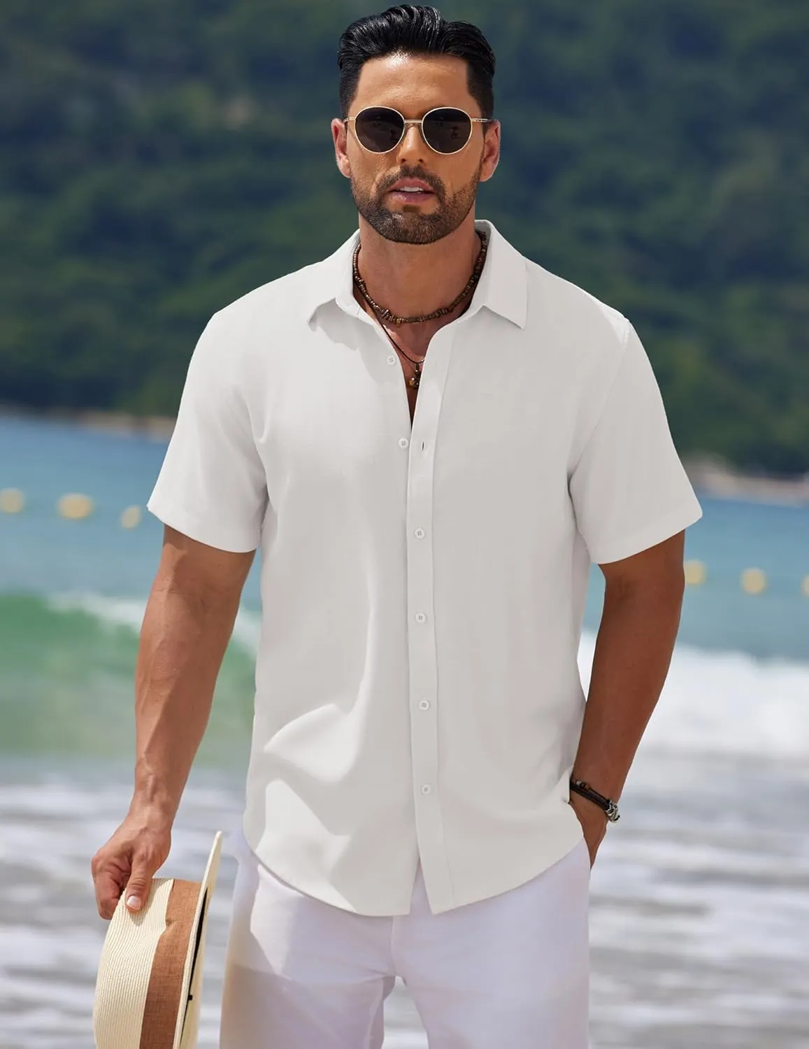 COOFANDY Mens Casual Summer Beach Shirt Short Sleeve Button Down Shirt Vacation Wedding Shirt Linen Textured Shirts
