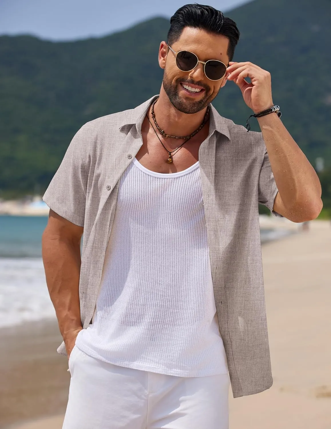 COOFANDY Mens Casual Summer Beach Shirt Short Sleeve Button Down Shirt Vacation Wedding Shirt Linen Textured Shirts