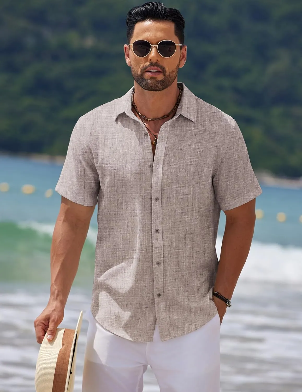 COOFANDY Mens Casual Summer Beach Shirt Short Sleeve Button Down Shirt Vacation Wedding Shirt Linen Textured Shirts