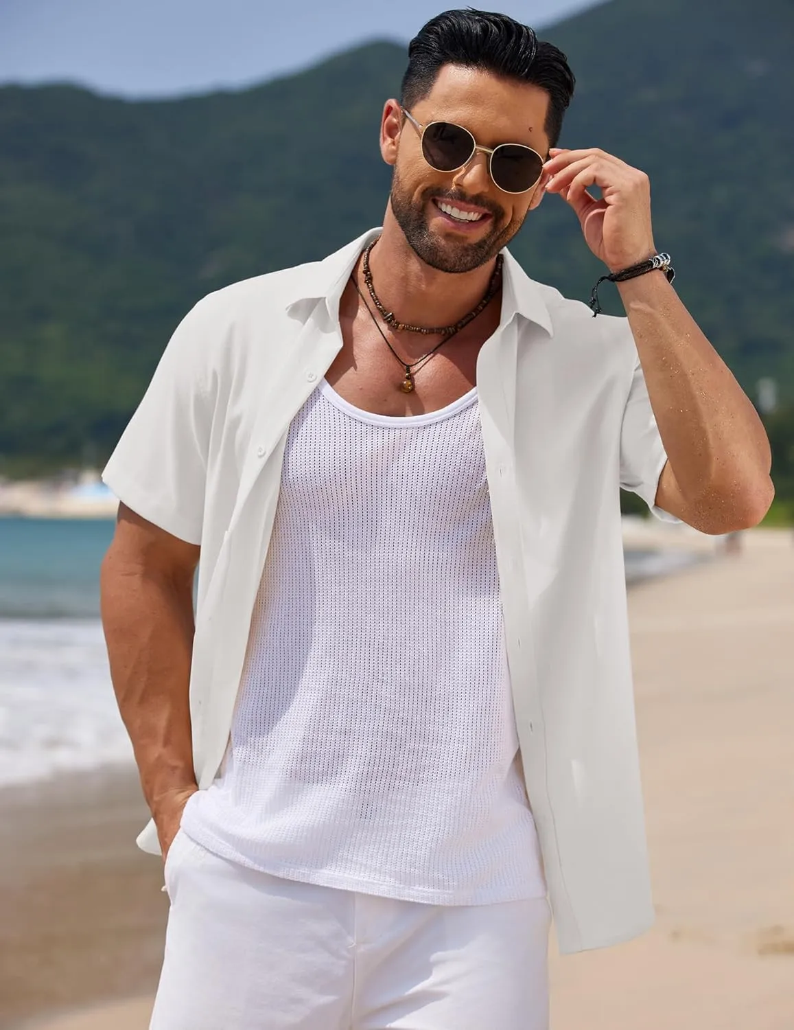 COOFANDY Mens Casual Summer Beach Shirt Short Sleeve Button Down Shirt Vacation Wedding Shirt Linen Textured Shirts