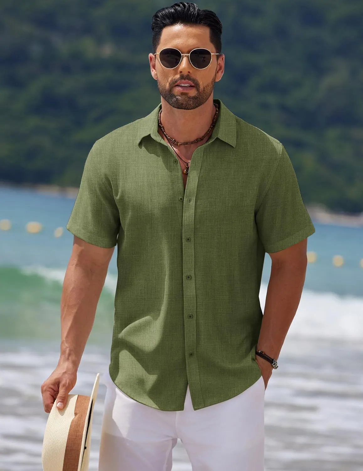 COOFANDY Mens Casual Summer Beach Shirt Short Sleeve Button Down Shirt Vacation Wedding Shirt Linen Textured Shirts