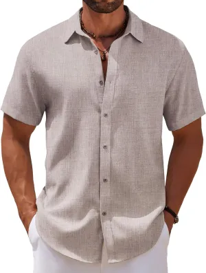 COOFANDY Mens Casual Summer Beach Shirt Short Sleeve Button Down Shirt Vacation Wedding Shirt Linen Textured Shirts