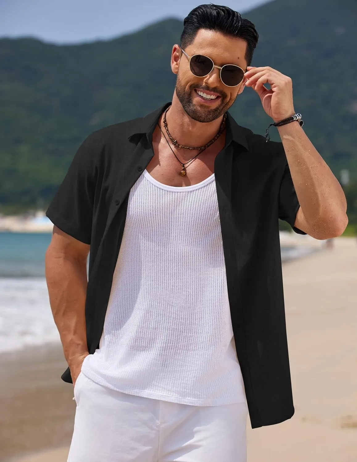 COOFANDY Mens Casual Summer Beach Shirt Short Sleeve Button Down Shirt Vacation Wedding Shirt Linen Textured Shirts