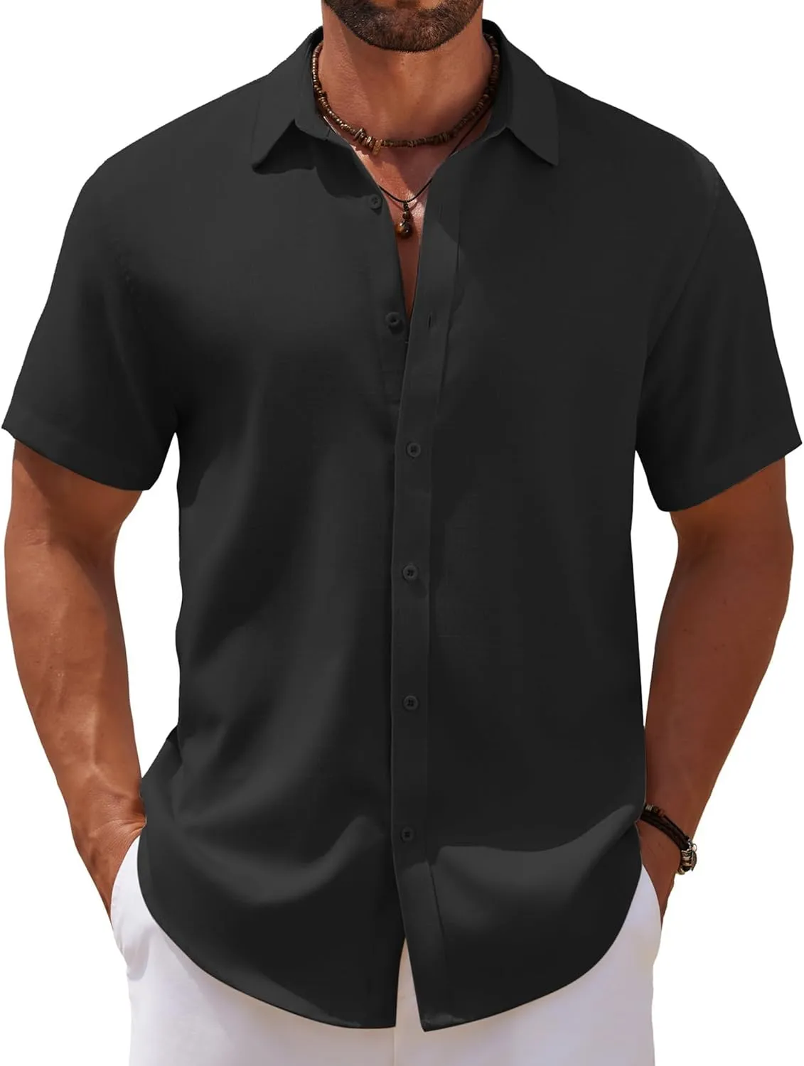 COOFANDY Mens Casual Summer Beach Shirt Short Sleeve Button Down Shirt Vacation Wedding Shirt Linen Textured Shirts