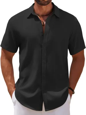 COOFANDY Mens Casual Summer Beach Shirt Short Sleeve Button Down Shirt Vacation Wedding Shirt Linen Textured Shirts