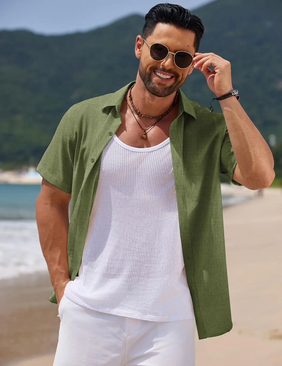 COOFANDY Mens Casual Summer Beach Shirt Short Sleeve Button Down Shirt Vacation Wedding Shirt Linen Textured Shirts
