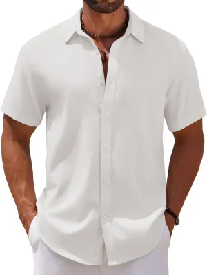 COOFANDY Mens Casual Summer Beach Shirt Short Sleeve Button Down Shirt Vacation Wedding Shirt Linen Textured Shirts