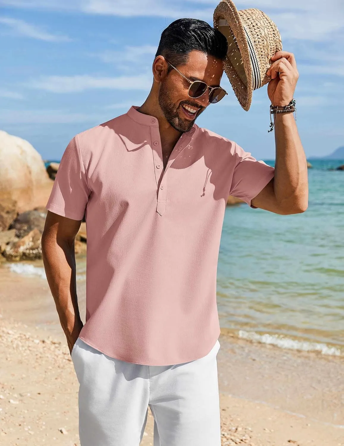 COOFANDY Men's Henley Shirt Short Sleeve Casual T-Shirt Summer Beach Hippie Henley Tee Shirt