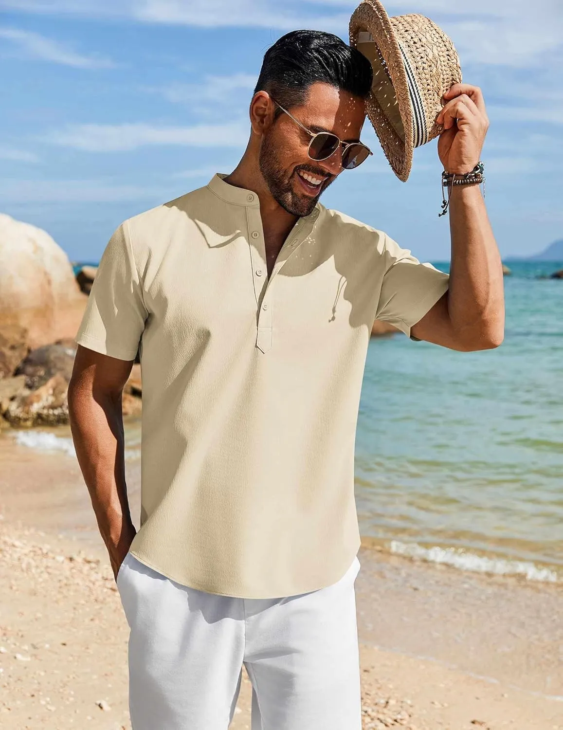 COOFANDY Men's Henley Shirt Short Sleeve Casual T-Shirt Summer Beach Hippie Henley Tee Shirt