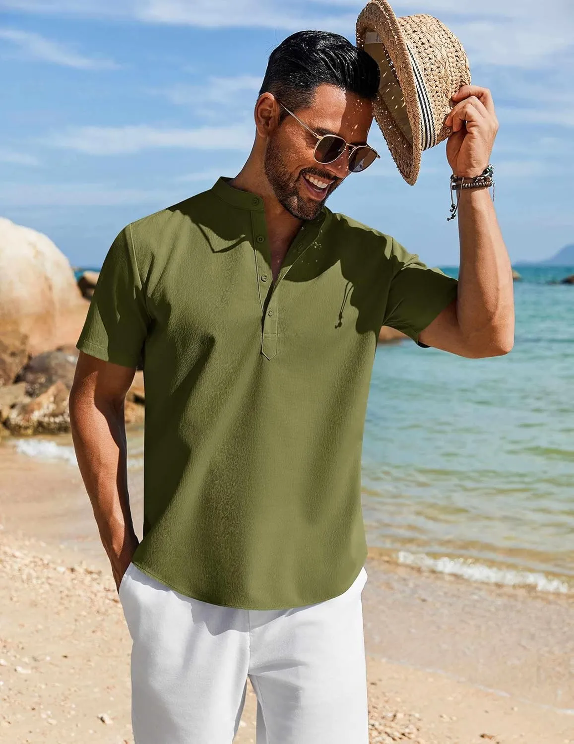 COOFANDY Men's Henley Shirt Short Sleeve Casual T-Shirt Summer Beach Hippie Henley Tee Shirt