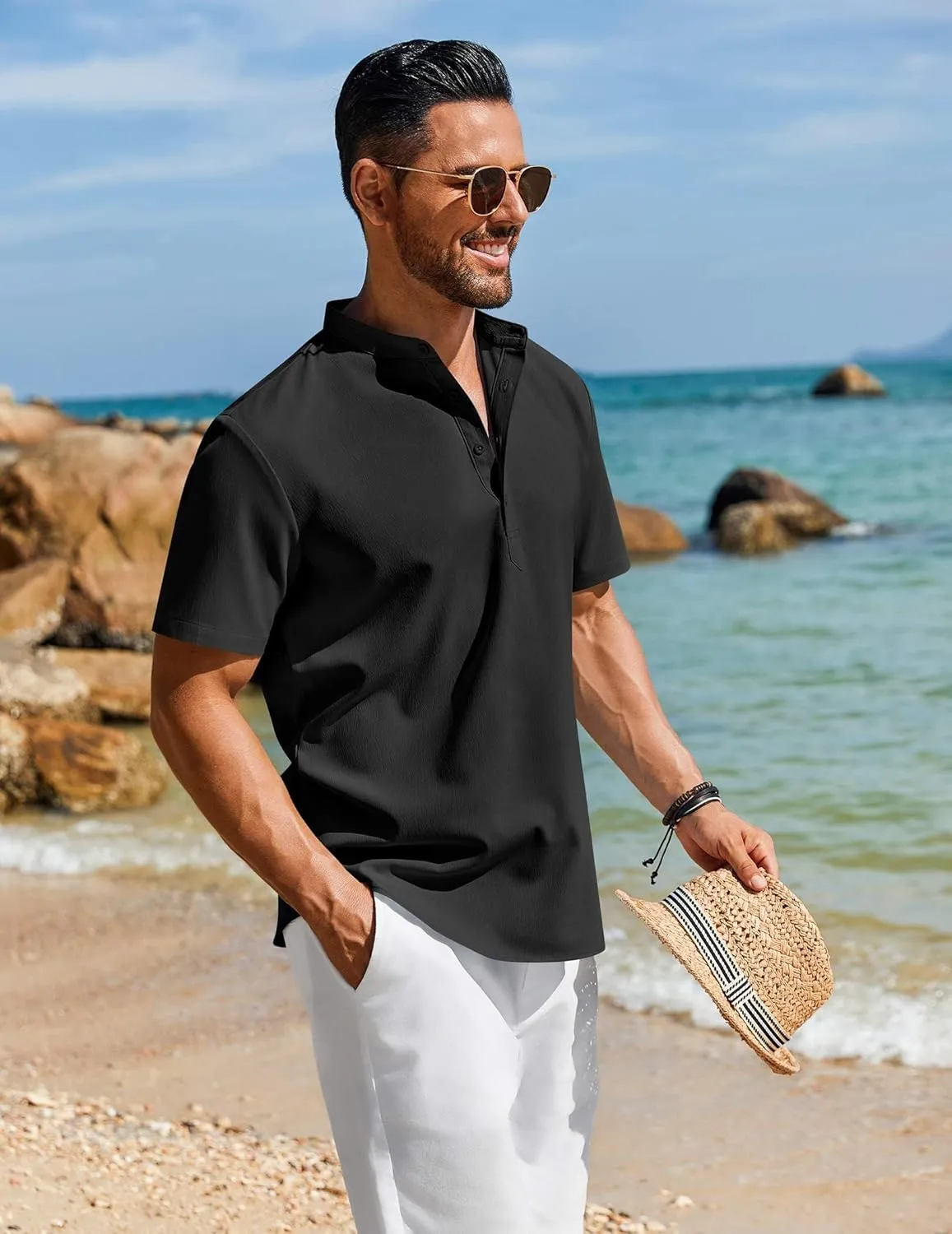 COOFANDY Men's Henley Shirt Short Sleeve Casual T-Shirt Summer Beach Hippie Henley Tee Shirt
