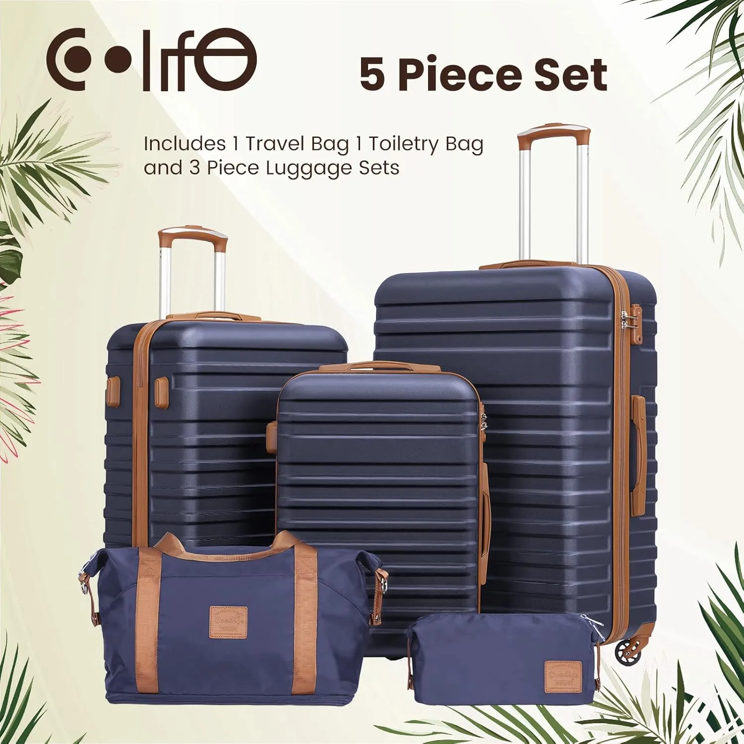 Coolife Suitcase Set 3 Piece Luggage Set Carry On Hardside Luggage with TSA Lock Spinner Wheels (Navy, 5 piece set)