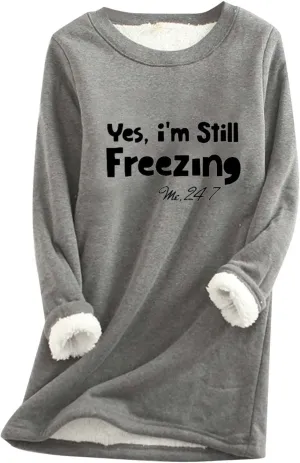 Crewneck Sweatshirts Women Fleece Lined Pullover Sweatshirt Letter Print Sweatshirt Warm Fuzzy Long Sleeve Shirts
