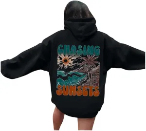 crewneck sweatshirts Womens Oversized Hoodies Chasing Sunsets Graphic print Casual Long Sleeve Lightweight Drop Shoulder Pullover Y2K Top Outfits you are enough hoodie Black Large