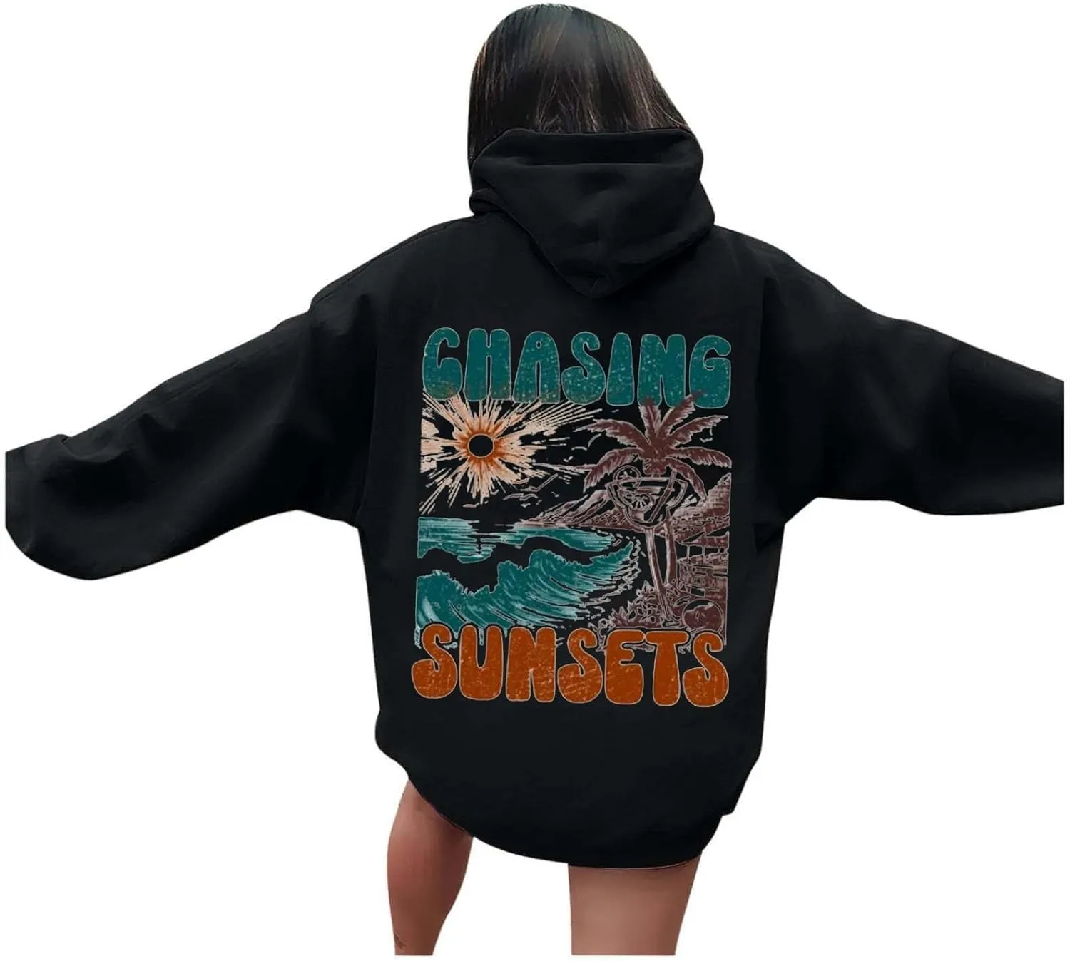 crewneck sweatshirts Womens Oversized Hoodies Chasing Sunsets Graphic print Casual Long Sleeve Lightweight Drop Shoulder Pullover Y2K Top Outfits you are enough hoodie Black Large