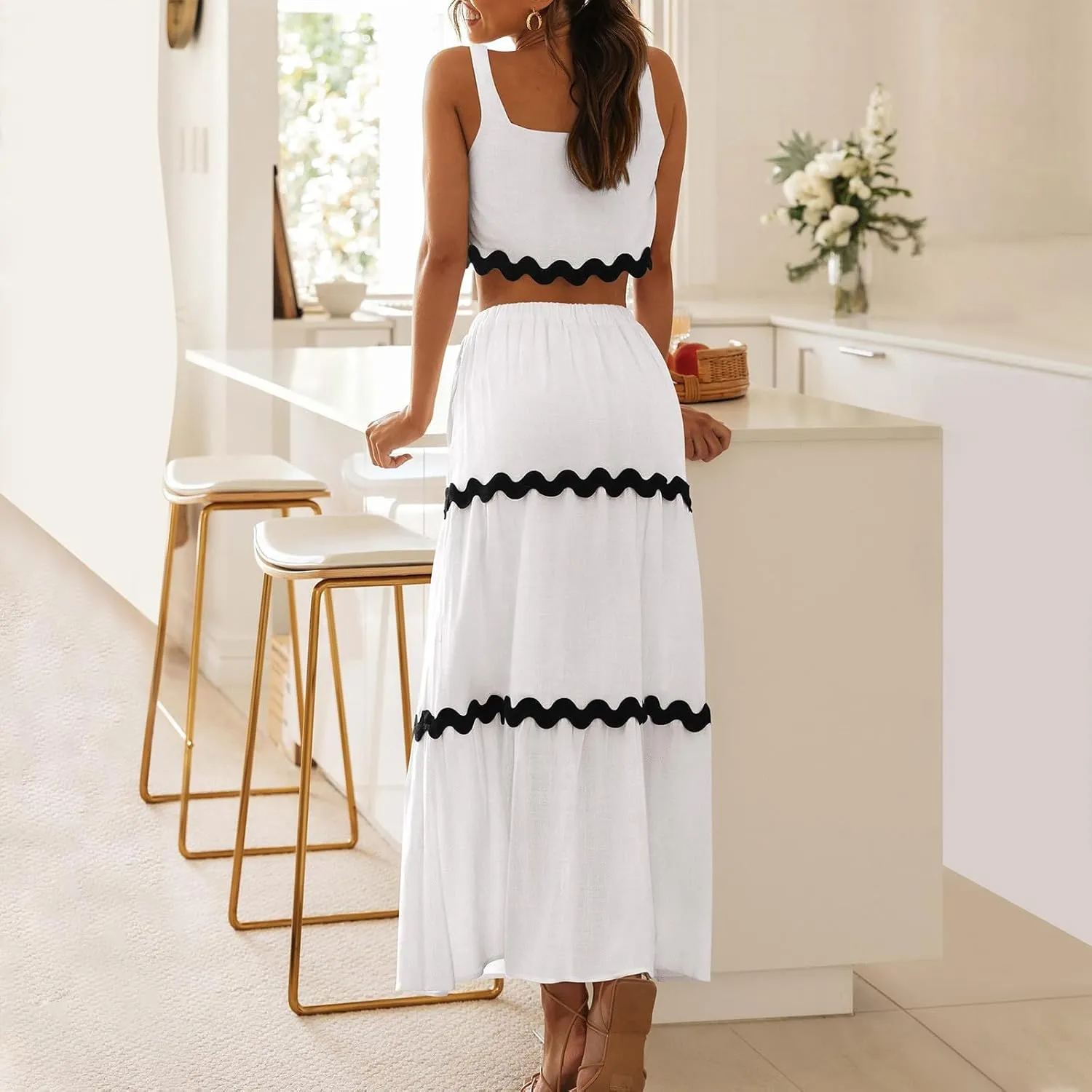 Cruise Outfits for Women 2024 Summer Sets 2 Piece Matching Set Tank Tops and Maxi Skirts Set Fashion Resort Wear