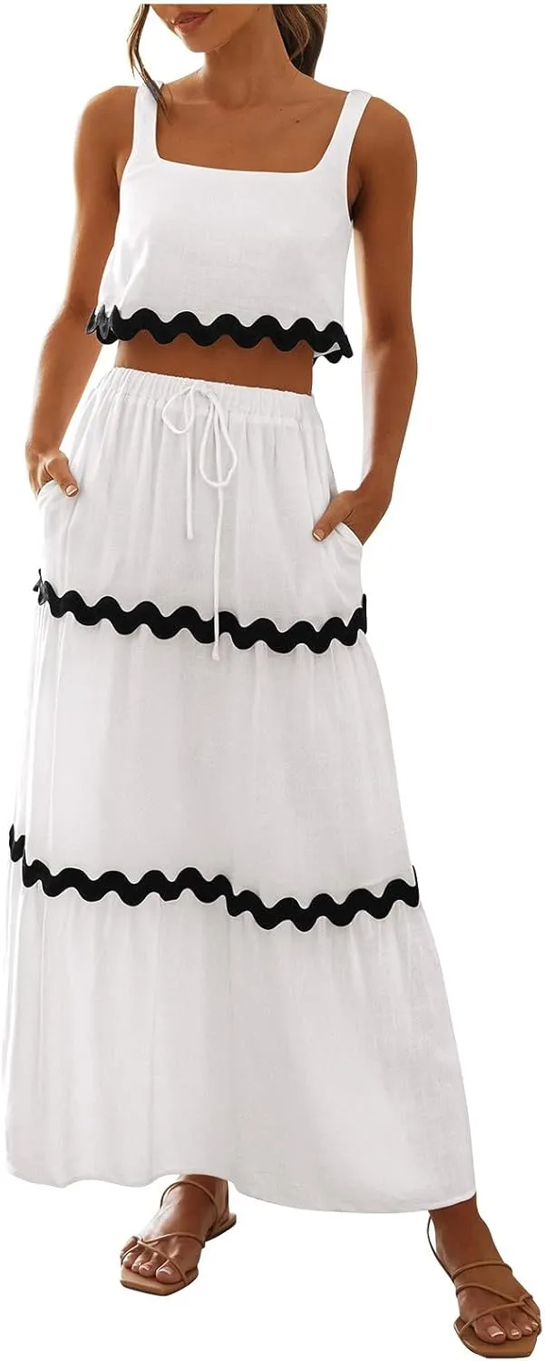 Cruise Outfits for Women 2024 Summer Sets 2 Piece Matching Set Tank Tops and Maxi Skirts Set Fashion Resort Wear