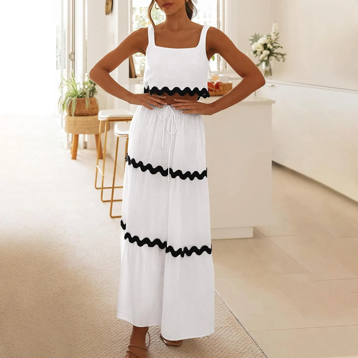 Cruise Outfits for Women 2024 Summer Sets 2 Piece Matching Set Tank Tops and Maxi Skirts Set Fashion Resort Wear