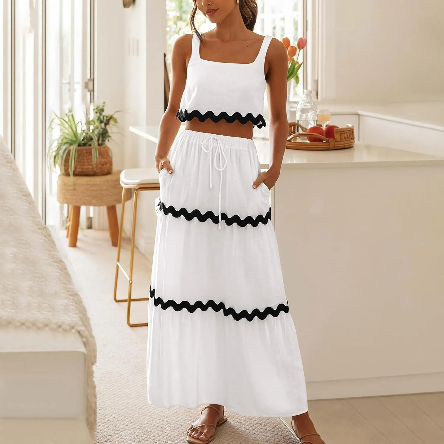 Cruise Outfits for Women 2024 Summer Sets 2 Piece Matching Set Tank Tops and Maxi Skirts Set Fashion Resort Wear