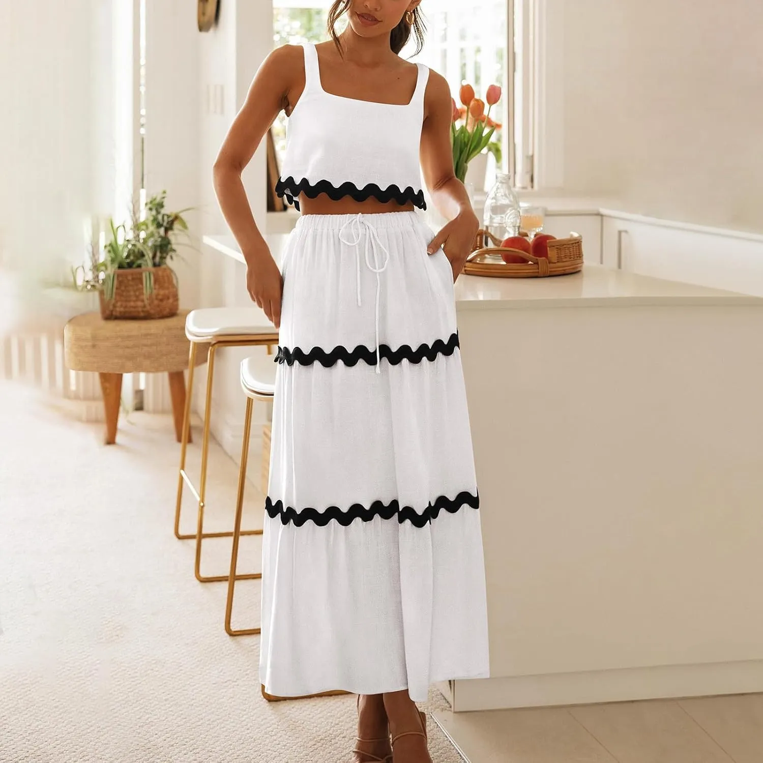 Cruise Outfits for Women 2024 Summer Sets 2 Piece Matching Set Tank Tops and Maxi Skirts Set Fashion Resort Wear