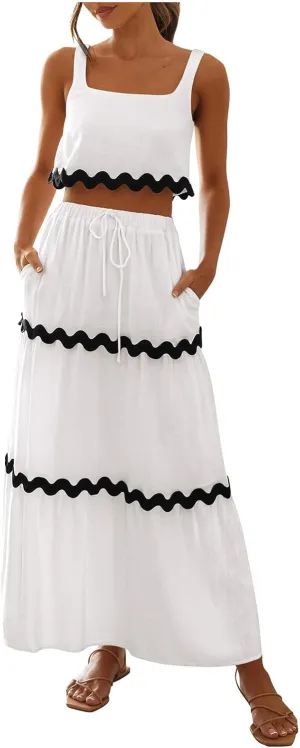 Cruise Outfits for Women 2024 Summer Sets 2 Piece Matching Set Tank Tops and Maxi Skirts Set Fashion Resort Wear