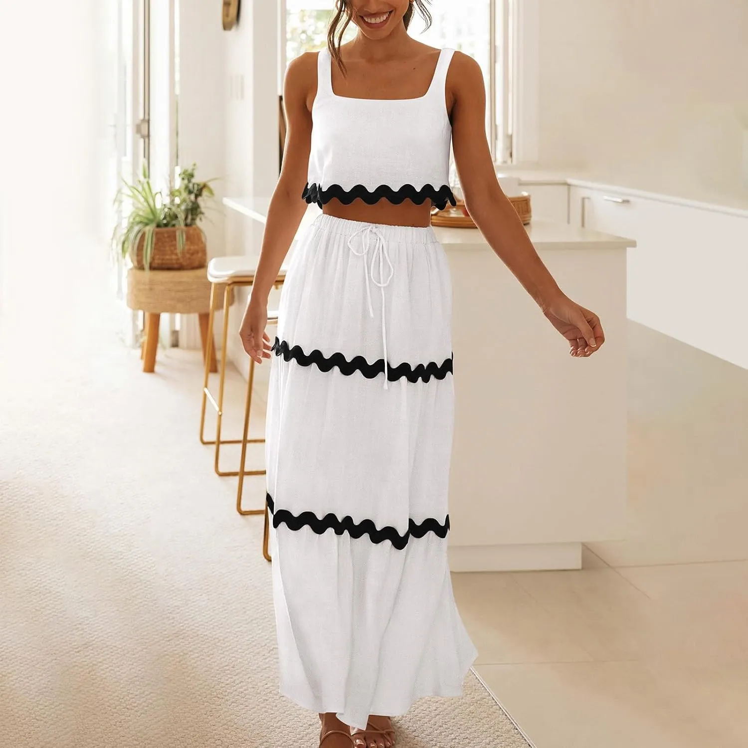 Cruise Outfits for Women 2024 Summer Sets 2 Piece Matching Set Tank Tops and Maxi Skirts Set Fashion Resort Wear