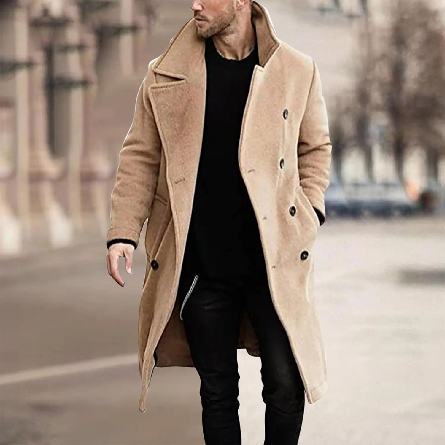 Ctreela Mens Classic Notched Lapel Overcoat, Slim Fit Trench Coat Work Wear, Office Business Casual Long Jacket Outerwear