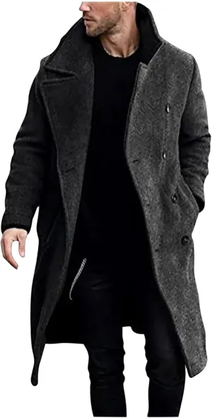 Ctreela Mens Classic Notched Lapel Overcoat, Slim Fit Trench Coat Work Wear, Office Business Casual Long Jacket Outerwear