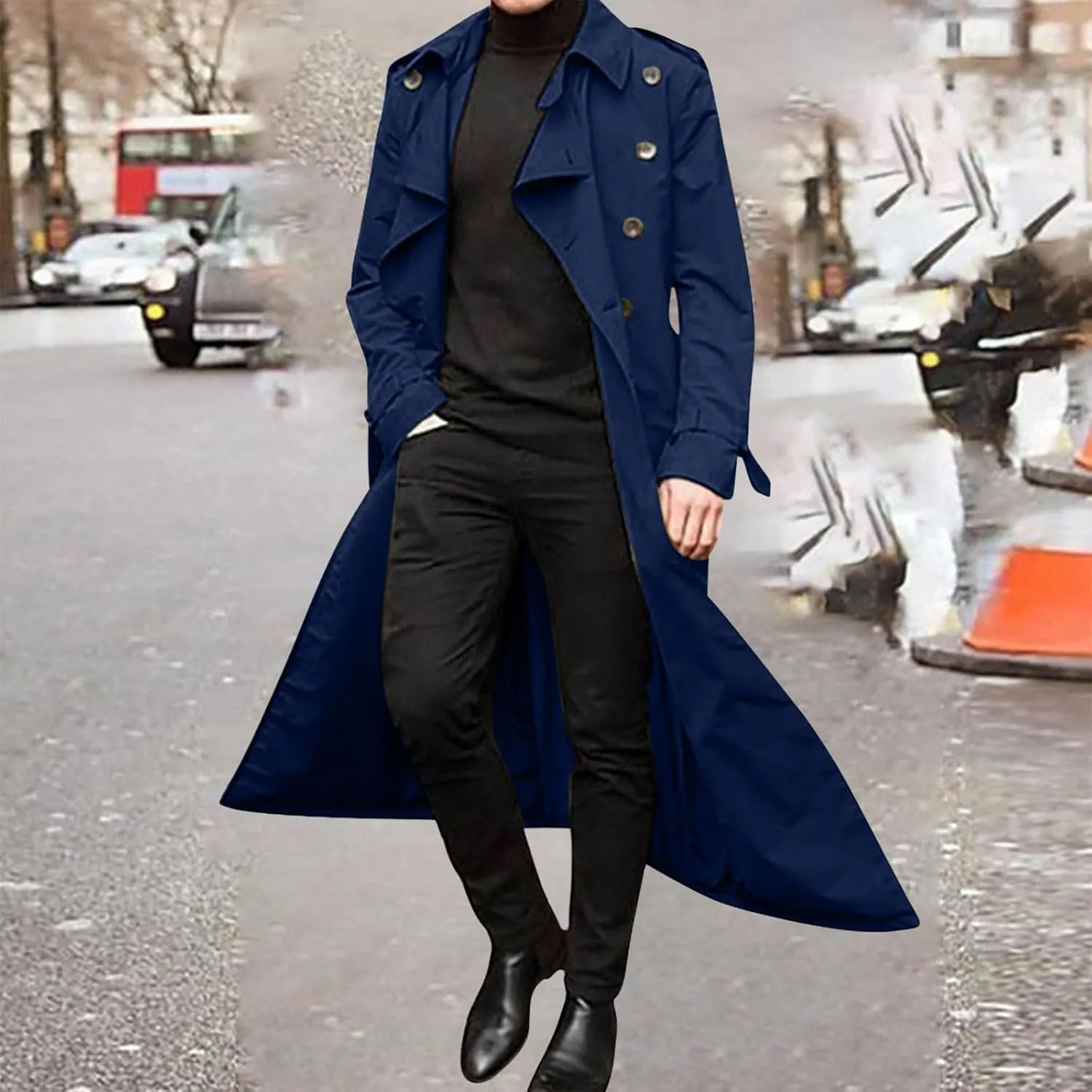 Ctreela Mens Long Trench Coat Business Casual Double Breasted Overcoat Fall Winter Solid Color Windbreaker Lapel Outwear