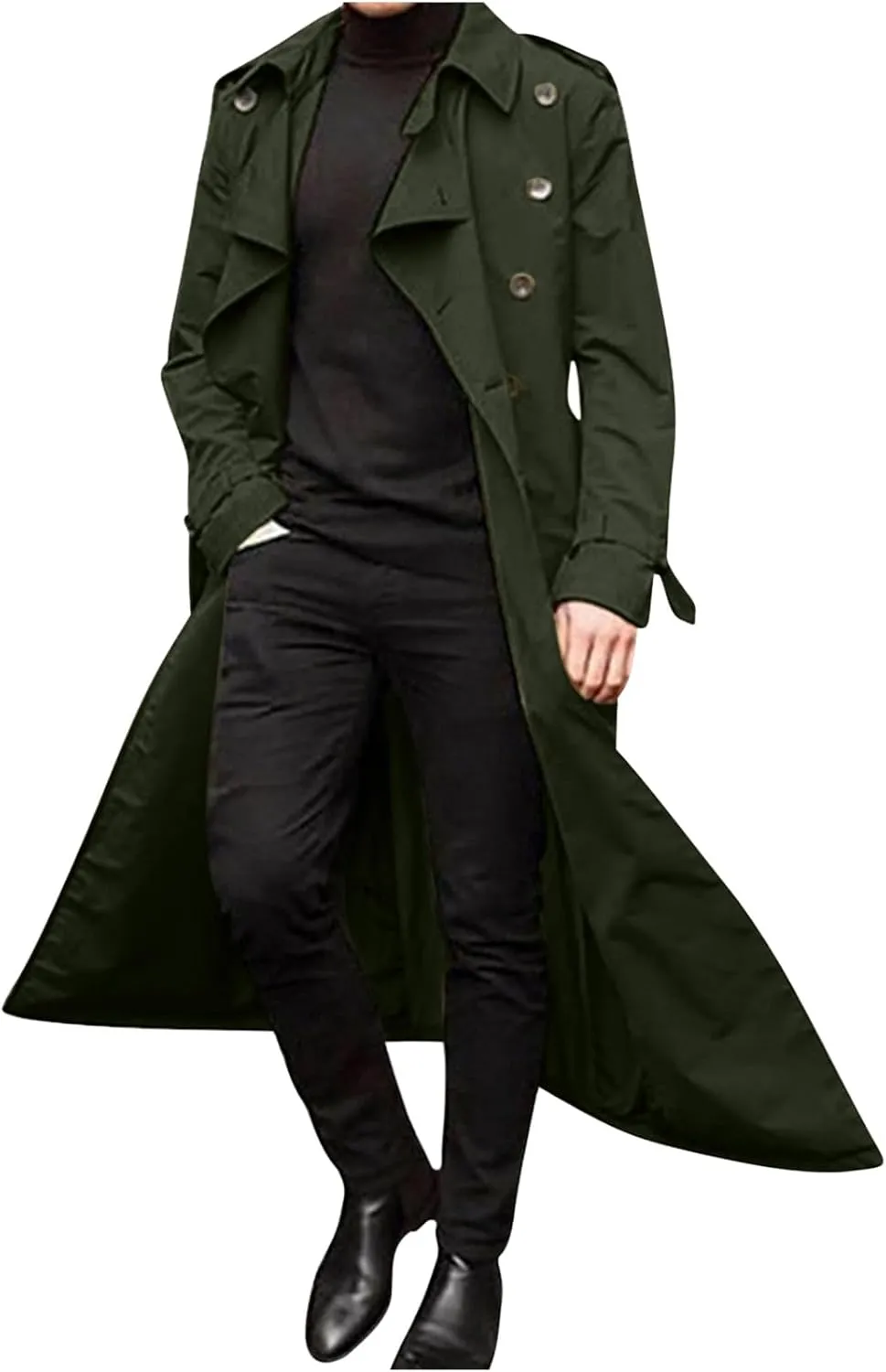 Ctreela Mens Long Trench Coat Business Casual Double Breasted Overcoat Fall Winter Solid Color Windbreaker Lapel Outwear