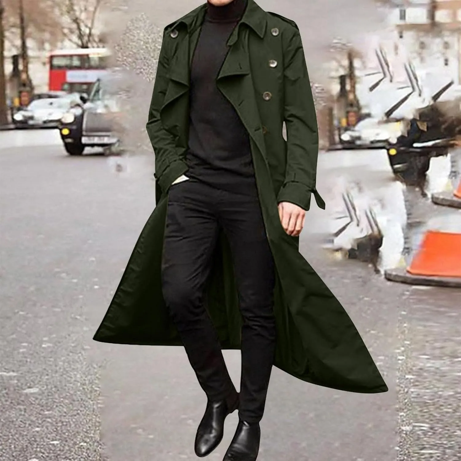 Ctreela Mens Long Trench Coat Business Casual Double Breasted Overcoat Fall Winter Solid Color Windbreaker Lapel Outwear