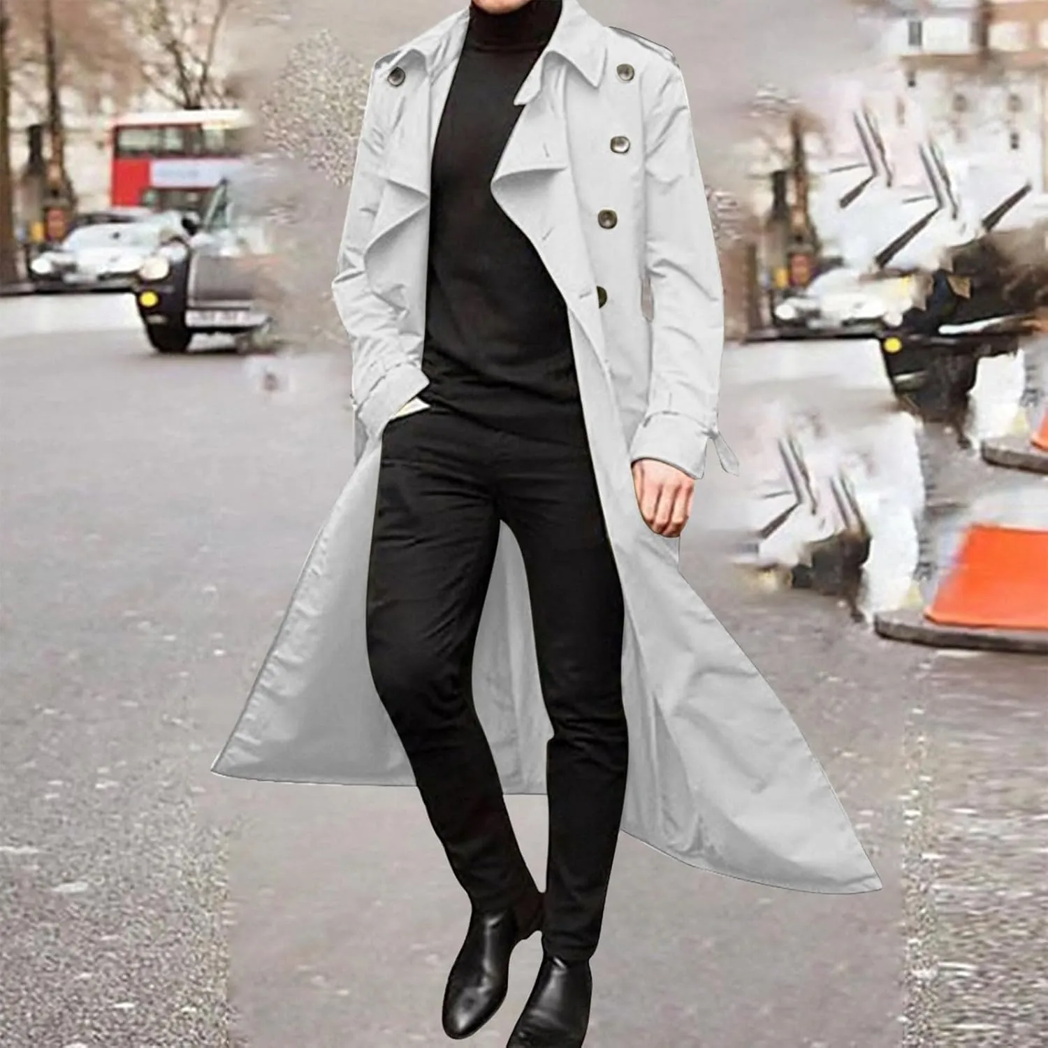 Ctreela Mens Long Trench Coat Business Casual Double Breasted Overcoat Fall Winter Solid Color Windbreaker Lapel Outwear