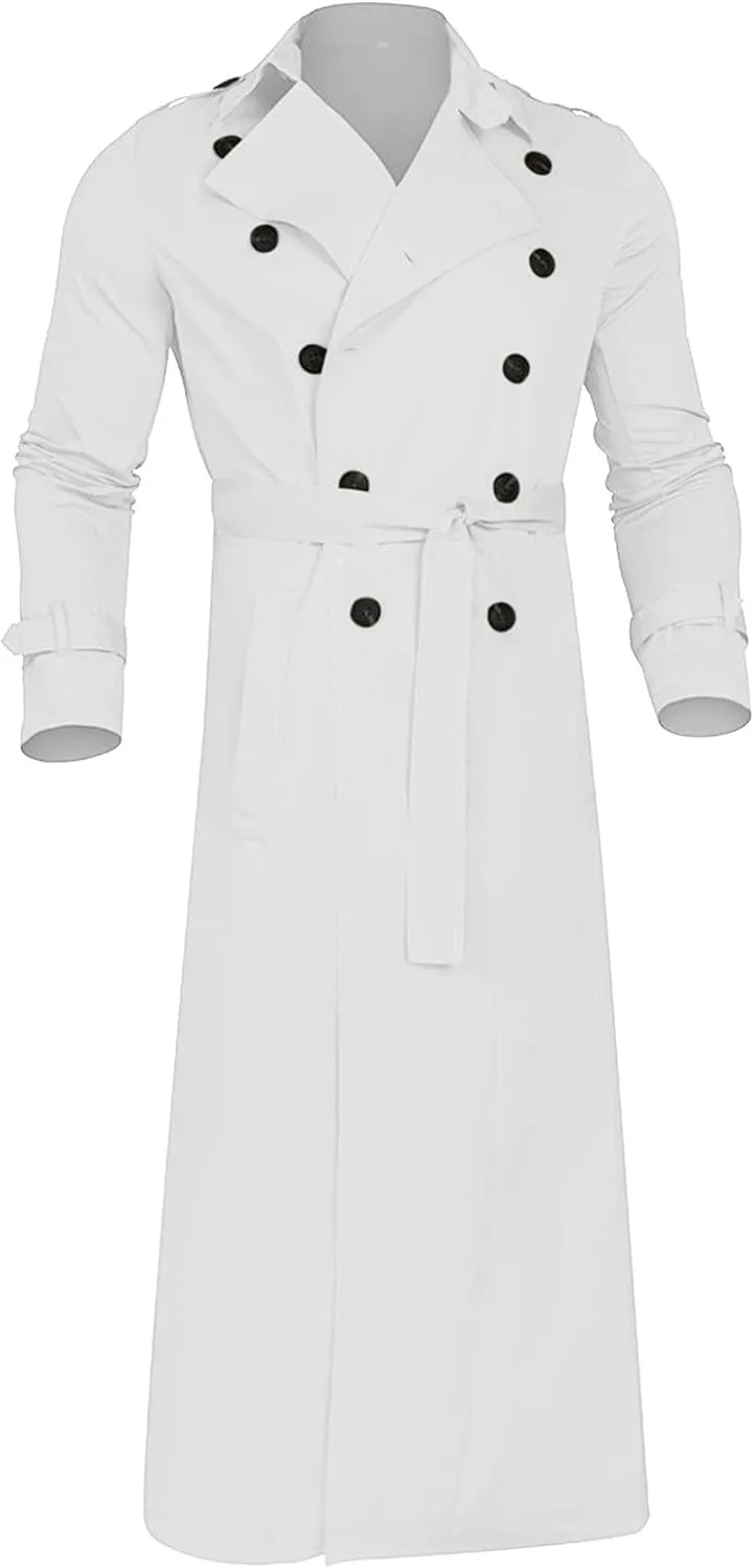Ctreela Mens Long Trench Coat Business Casual Double Breasted Overcoat Fall Winter Solid Color Windbreaker Lapel Outwear