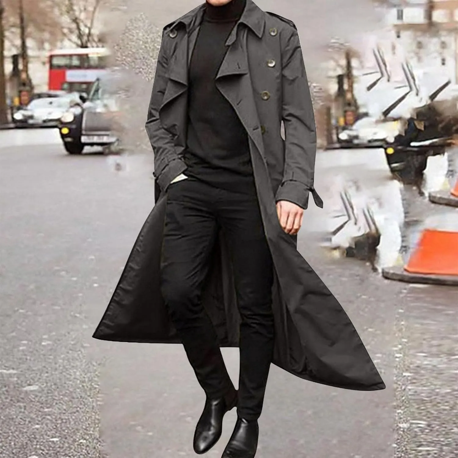 Ctreela Mens Long Trench Coat Business Casual Double Breasted Overcoat Fall Winter Solid Color Windbreaker Lapel Outwear