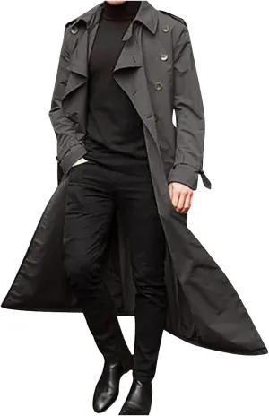 Ctreela Mens Long Trench Coat Business Casual Double Breasted Overcoat Fall Winter Solid Color Windbreaker Lapel Outwear
