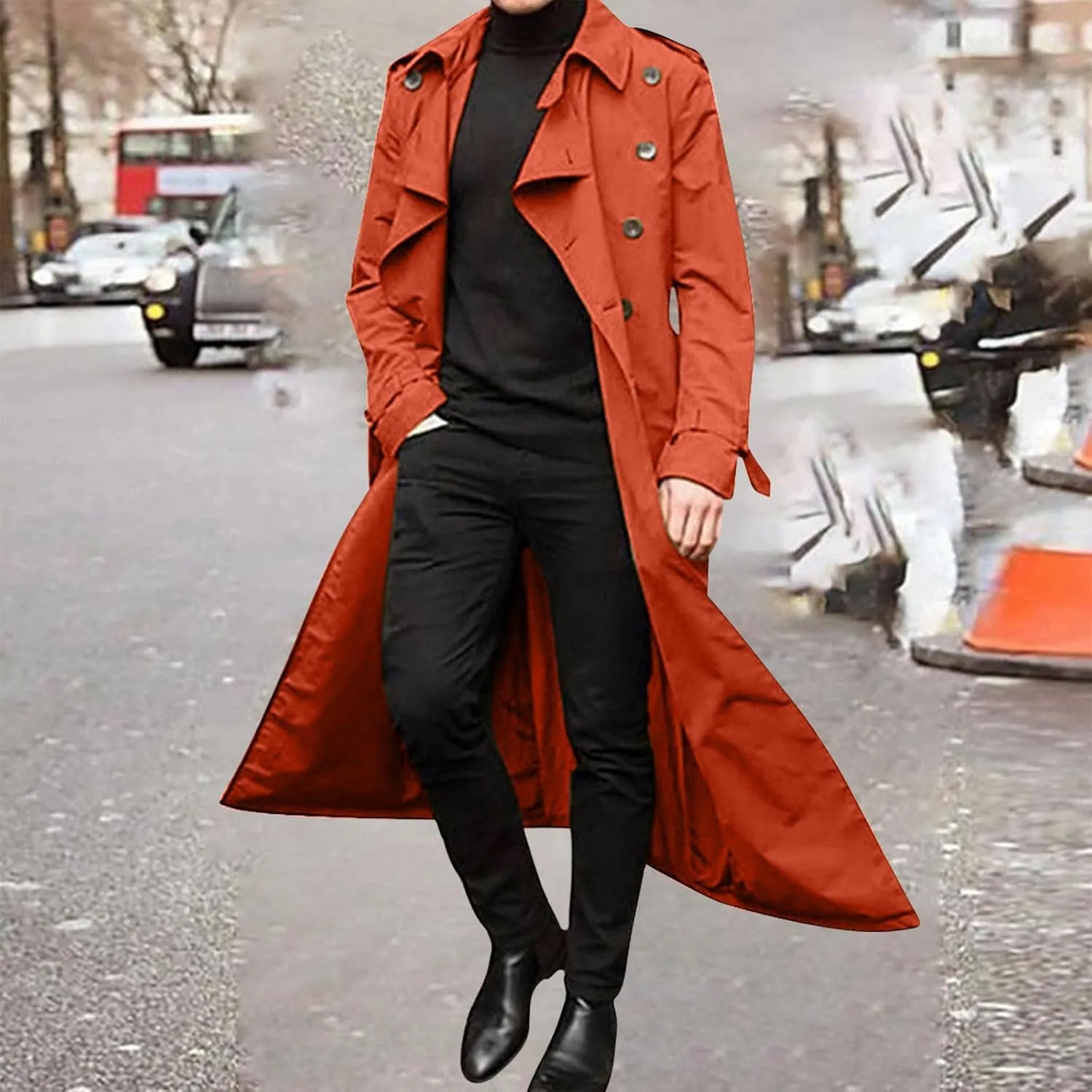 Ctreela Mens Long Trench Coat Business Casual Double Breasted Overcoat Fall Winter Solid Color Windbreaker Lapel Outwear