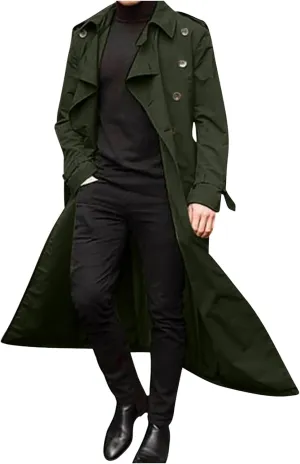 Ctreela Mens Long Trench Coat Business Casual Double Breasted Overcoat Fall Winter Solid Color Windbreaker Lapel Outwear