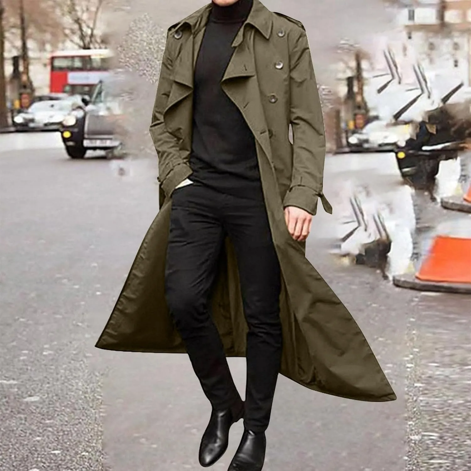 Ctreela Mens Long Trench Coat Business Casual Double Breasted Overcoat Fall Winter Solid Color Windbreaker Lapel Outwear