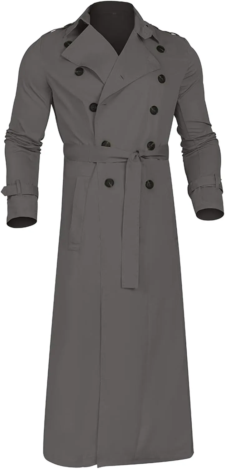 Ctreela Mens Long Trench Coat Business Casual Double Breasted Overcoat Fall Winter Solid Color Windbreaker Lapel Outwear