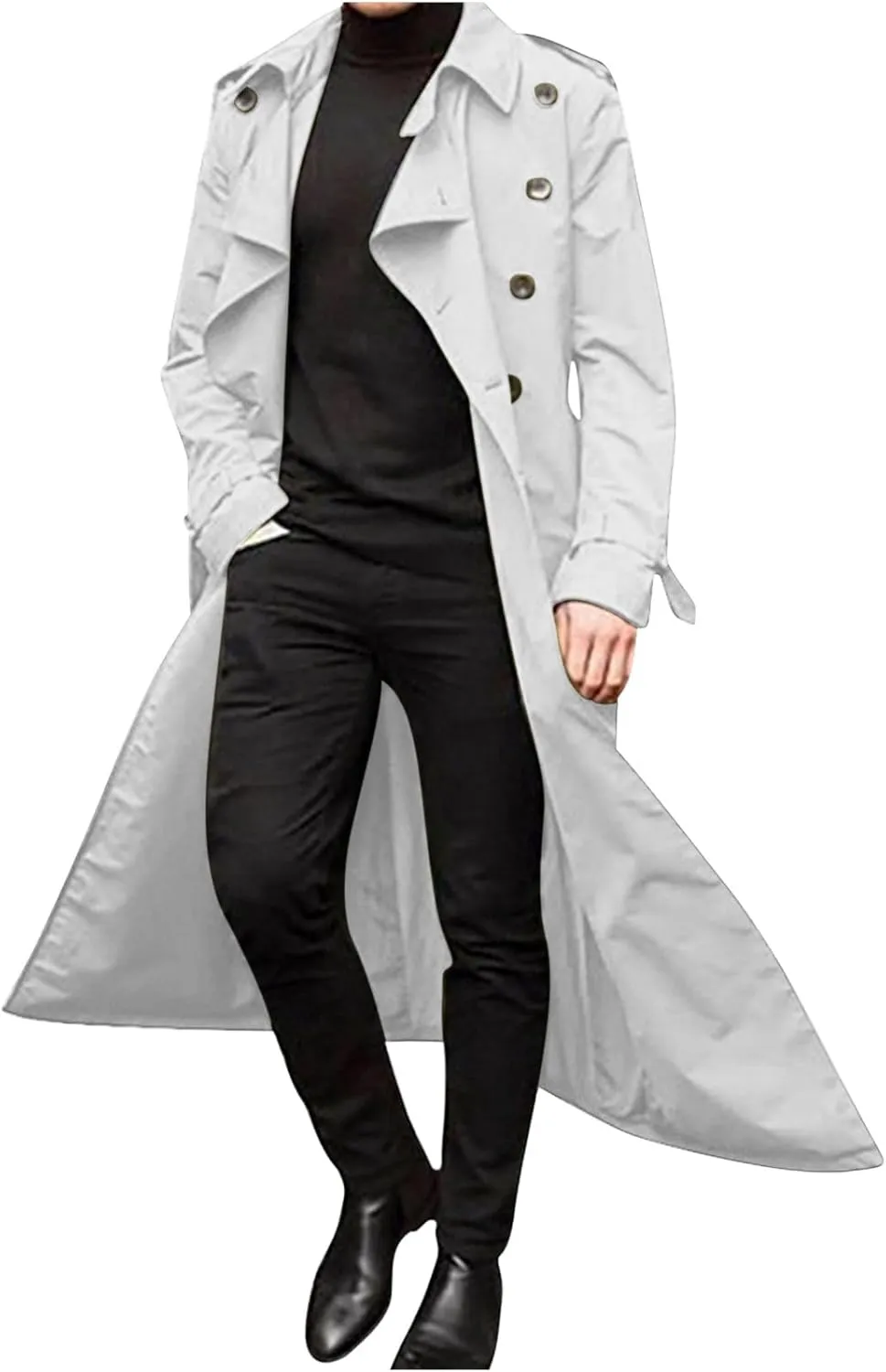 Ctreela Mens Long Trench Coat Business Casual Double Breasted Overcoat Fall Winter Solid Color Windbreaker Lapel Outwear