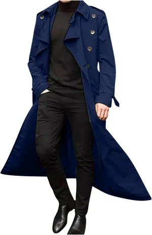 Ctreela Mens Long Trench Coat Business Casual Double Breasted Overcoat Fall Winter Solid Color Windbreaker Lapel Outwear