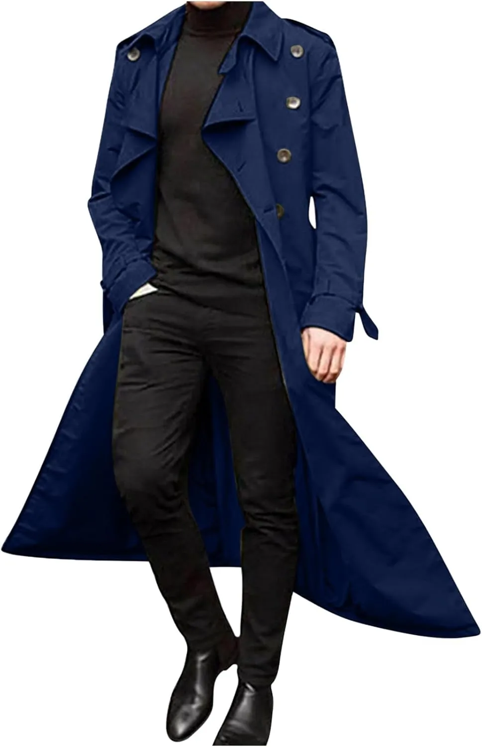Ctreela Mens Long Trench Coat Business Casual Double Breasted Overcoat Fall Winter Solid Color Windbreaker Lapel Outwear