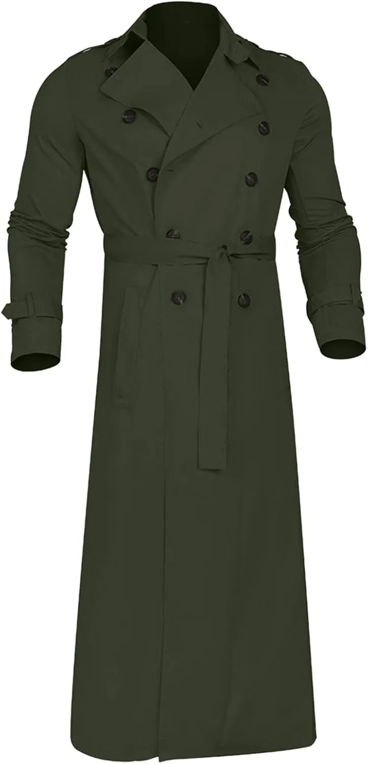 Ctreela Mens Long Trench Coat Business Casual Double Breasted Overcoat Fall Winter Solid Color Windbreaker Lapel Outwear