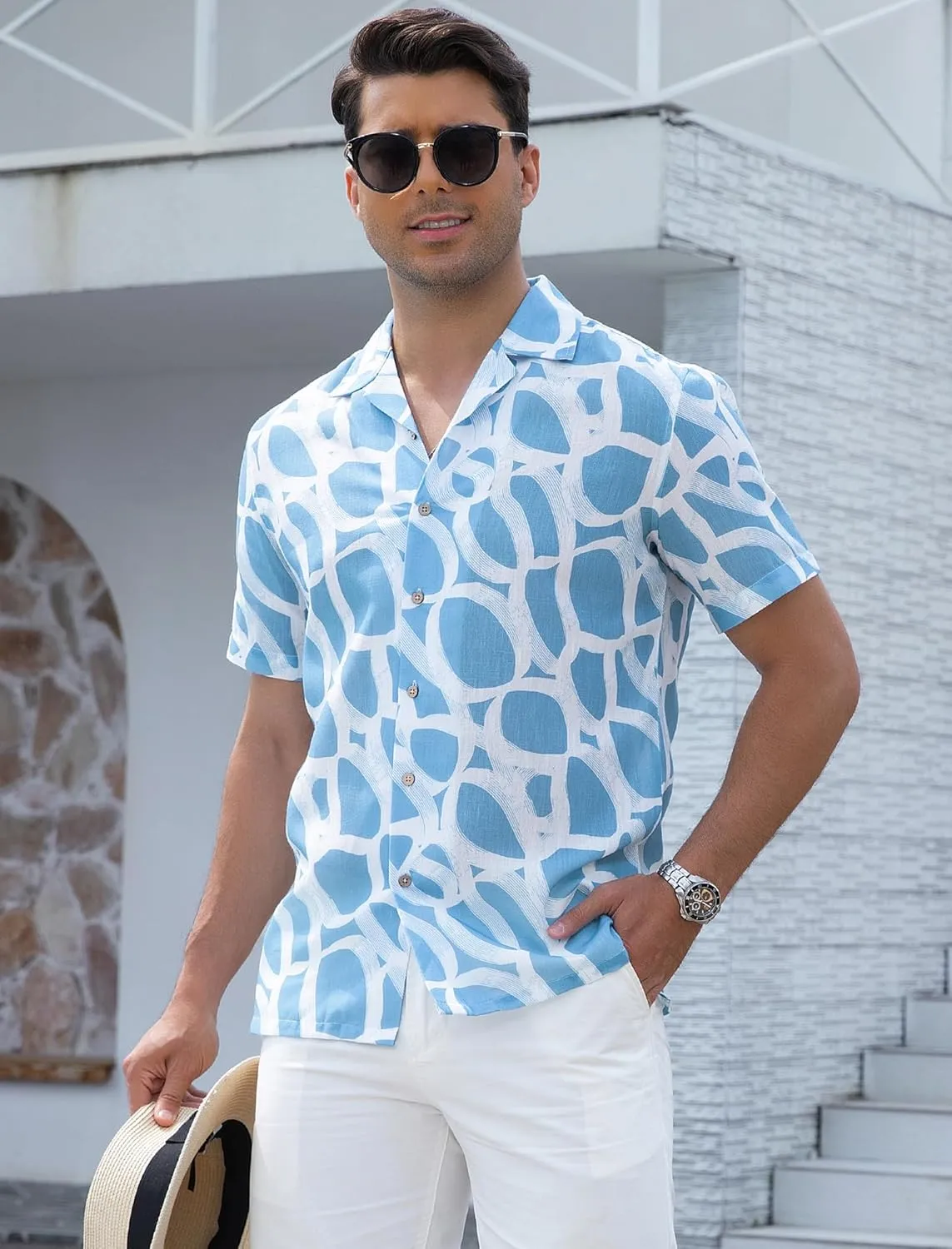 Damipow Linen Shirts for Men Hawaiian Shirt Short Sleeve Button Down Beach Vacation Shirt