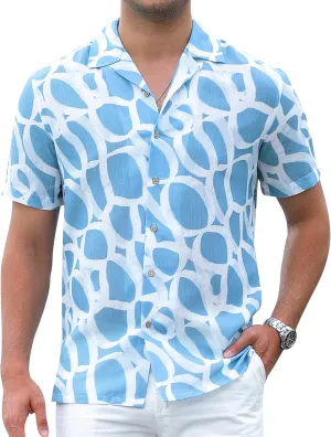 Damipow Linen Shirts for Men Hawaiian Shirt Short Sleeve Button Down Beach Vacation Shirt