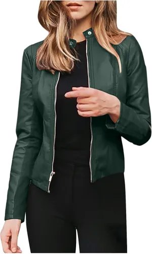 DASAYO Womens Lapel Slim Short Coat Full Zip Open Front Faux Leather PU Jacket Autumn and Winter Fashion Cardigan Jackets